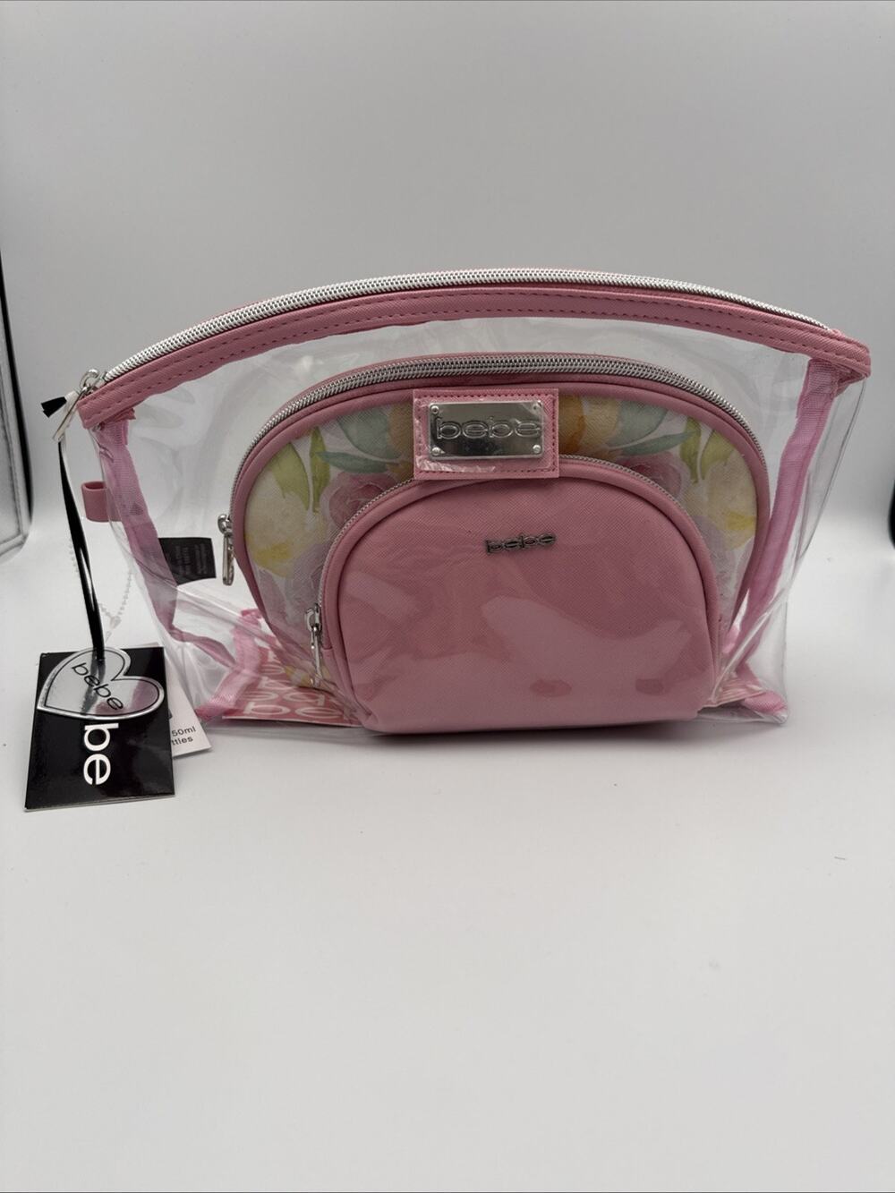 bebe Pink Clear-Front Cosmetic Case with Silver Logo 5 piece Set